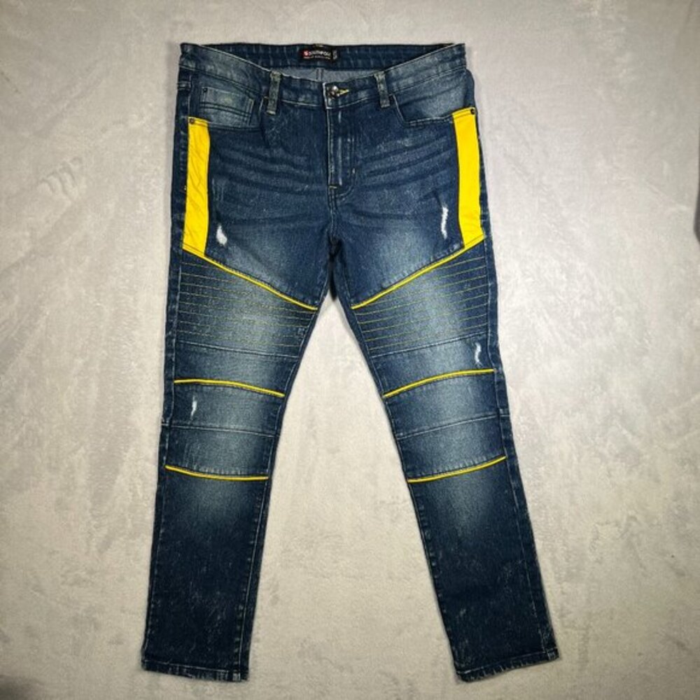 South Pole Jeans Mens 34x32 Blue Denim Dark Acid‎ Wash Skinny Moto Biker Hip Hop